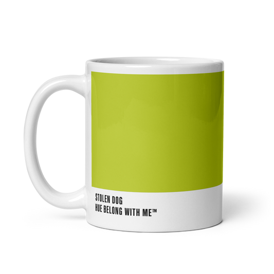 Vibrant Key Lime green ceramic mug, handle left, showing Stolen Dog label — Stolen Dog by Hue Belong With Me