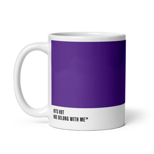 Deep commanding purple ceramic mug, handle left, showing Hits Hot label — Violet Eyes by Hue Belong With Me