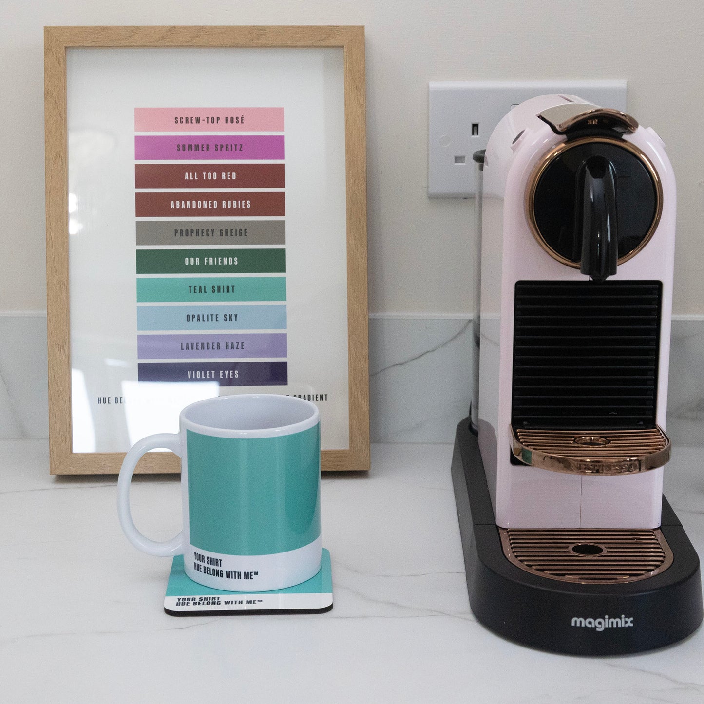Your Shirt mug and coaster styled with Nespresso machine and Daylight to Midnight Gradient art print — Hue Belong With Me