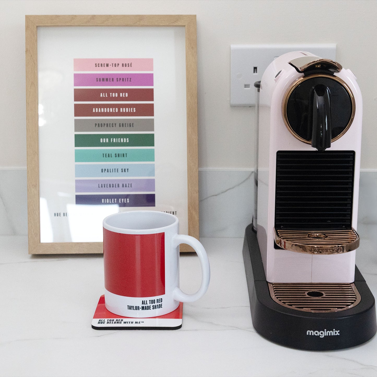 All Too Red mug and coaster styled with Nespresso machine and Daylight to Midnight Gradient art print — Hue Belong With Me