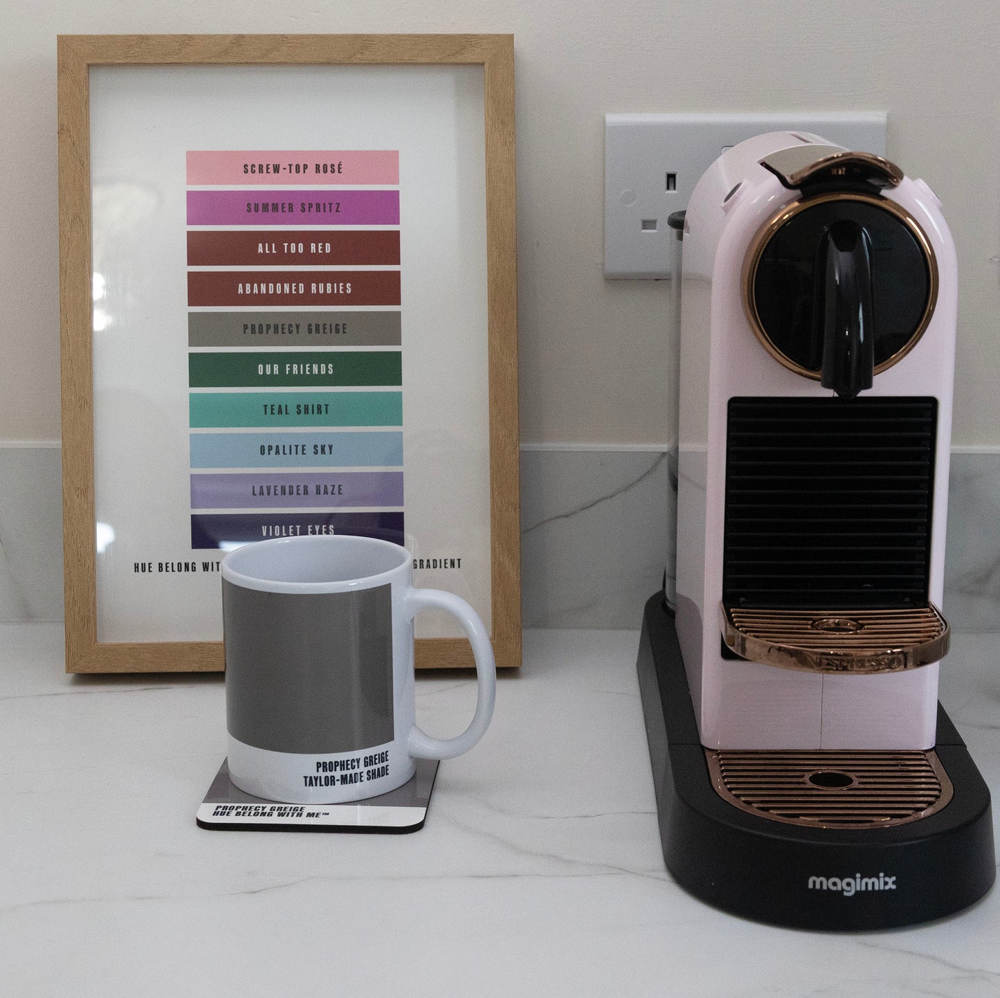 Prophecy Greige mug and coaster styled with Nespresso machine and Daylight to Midnight Gradient art print — Hue Belong With Me