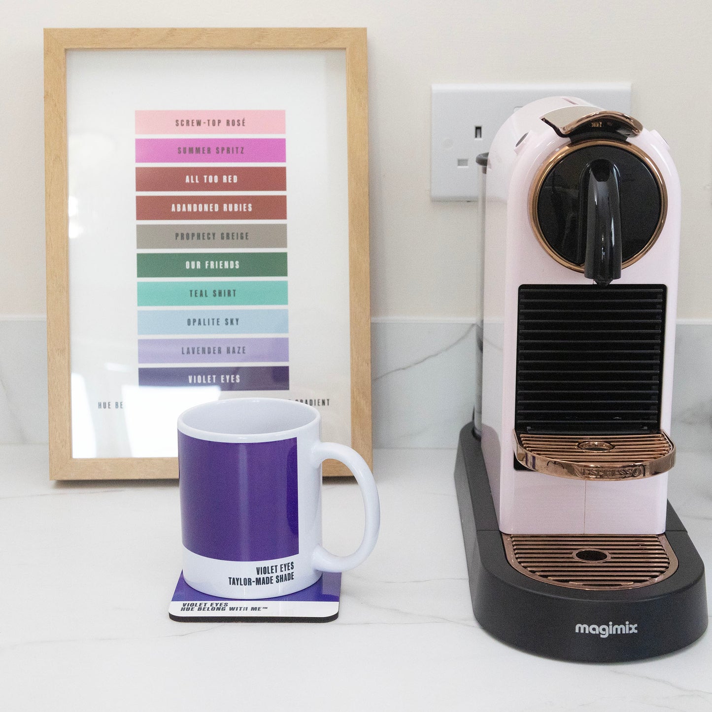 Violet Eyes mug and coaster styled with Nespresso machine and Daylight to Midnight Gradient art print — Hue Belong With Me