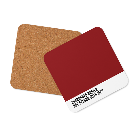Deep scarlet cork-back coaster, front and back mockup view — Abandoned Rubies by Hue Belong With Me