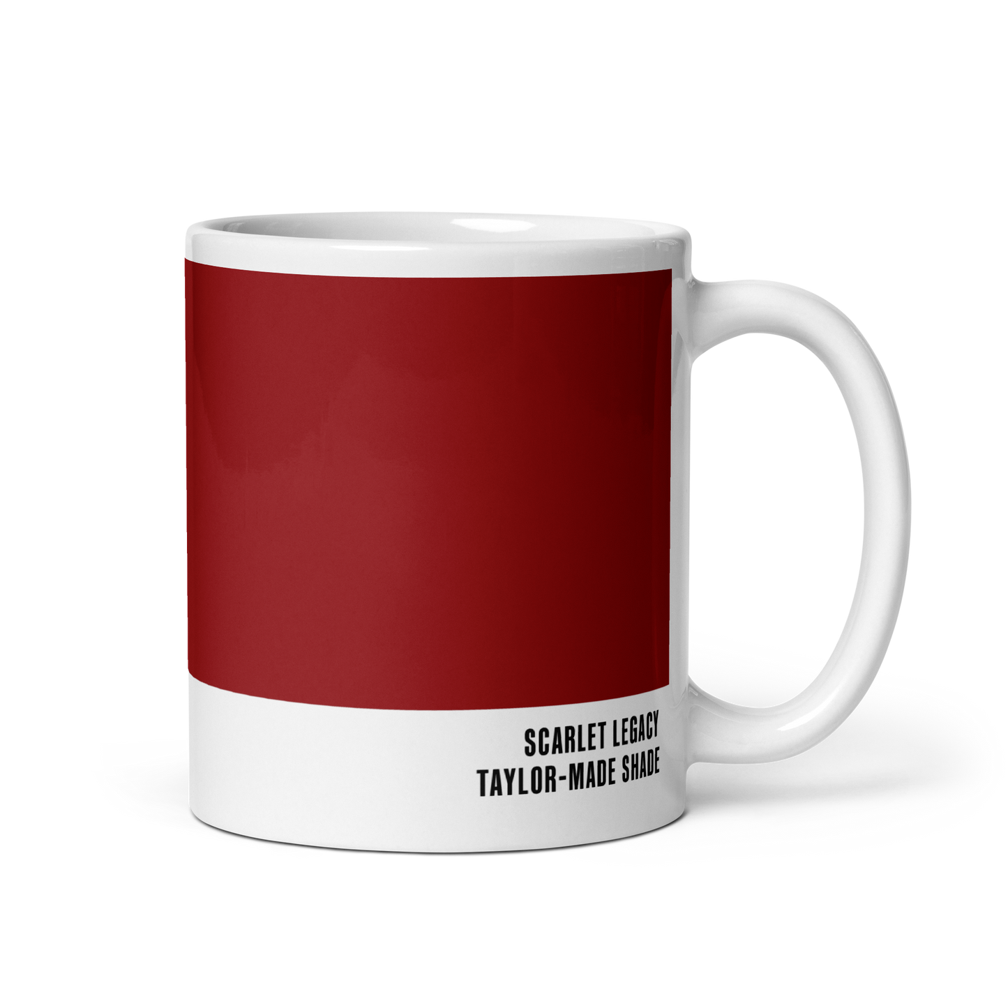 Deep scarlet ceramic mug, handle right, showing Scarlet Legacy label — Abandoned Rubies by Hue Belong With Me