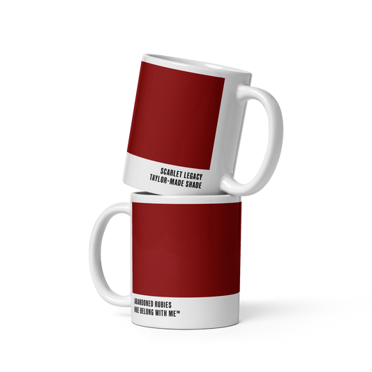 Deep scarlet ceramic mug in stacked two-mug mockup showing both labels — Abandoned Rubies by Hue Belong With Me