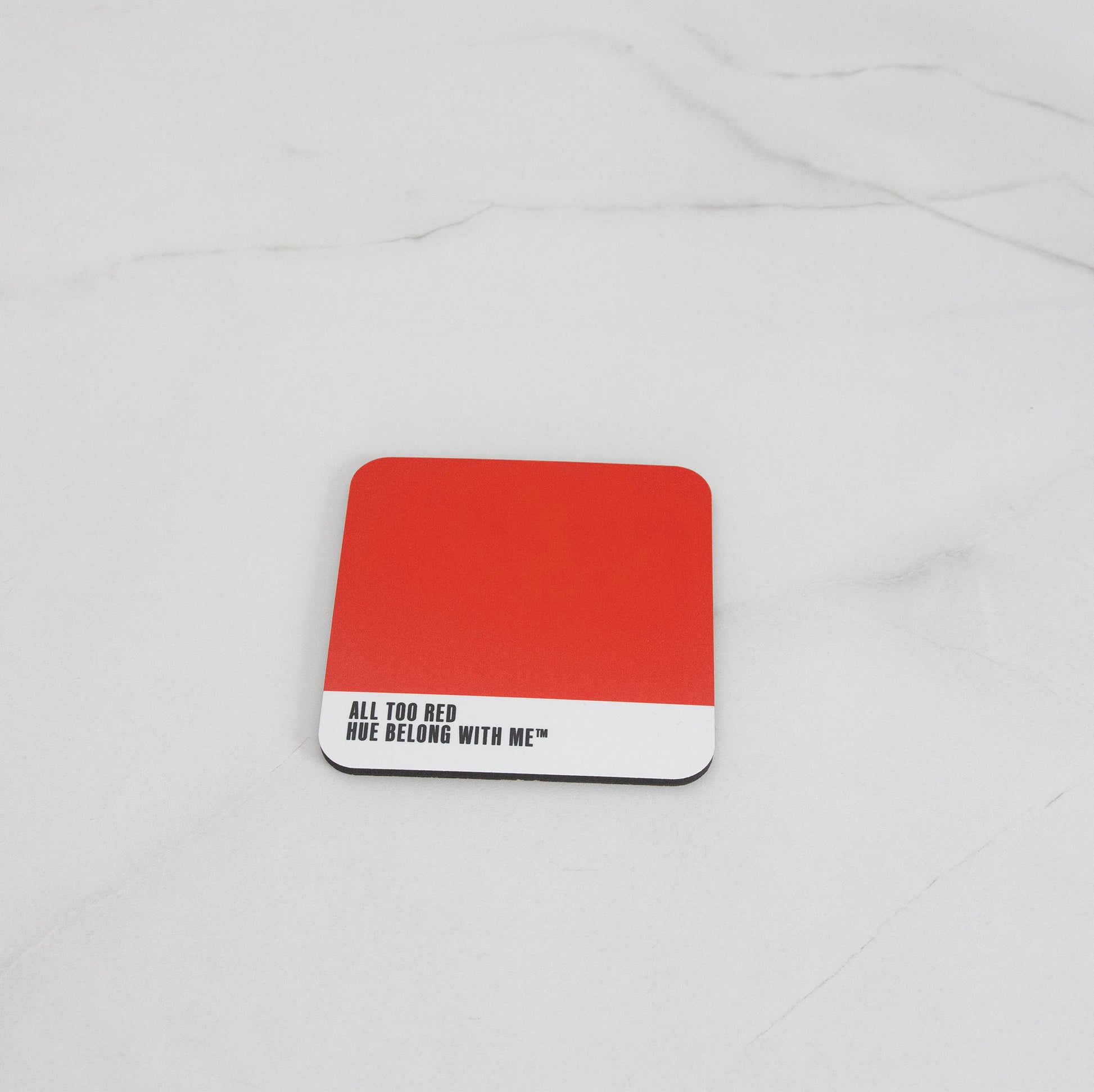 Furious signal red cork-back coaster, flat lay mockup — All Too Red by Hue Belong With Me