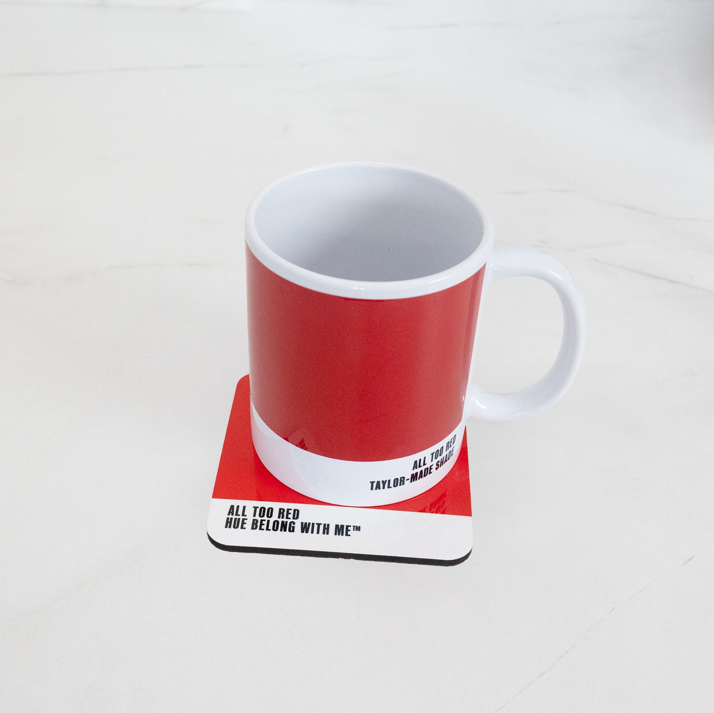 All Too Red mug and coaster matched pair on marble counter — Hue Belong With Me