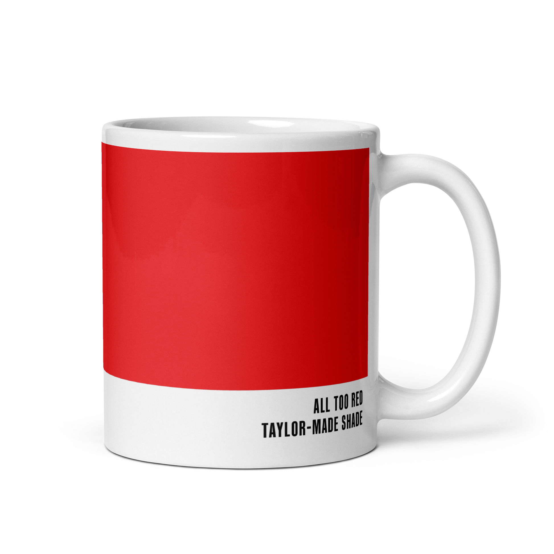 Furious signal red ceramic mug, handle right, showing All Too Red label — All Too Red by Hue Belong With Me