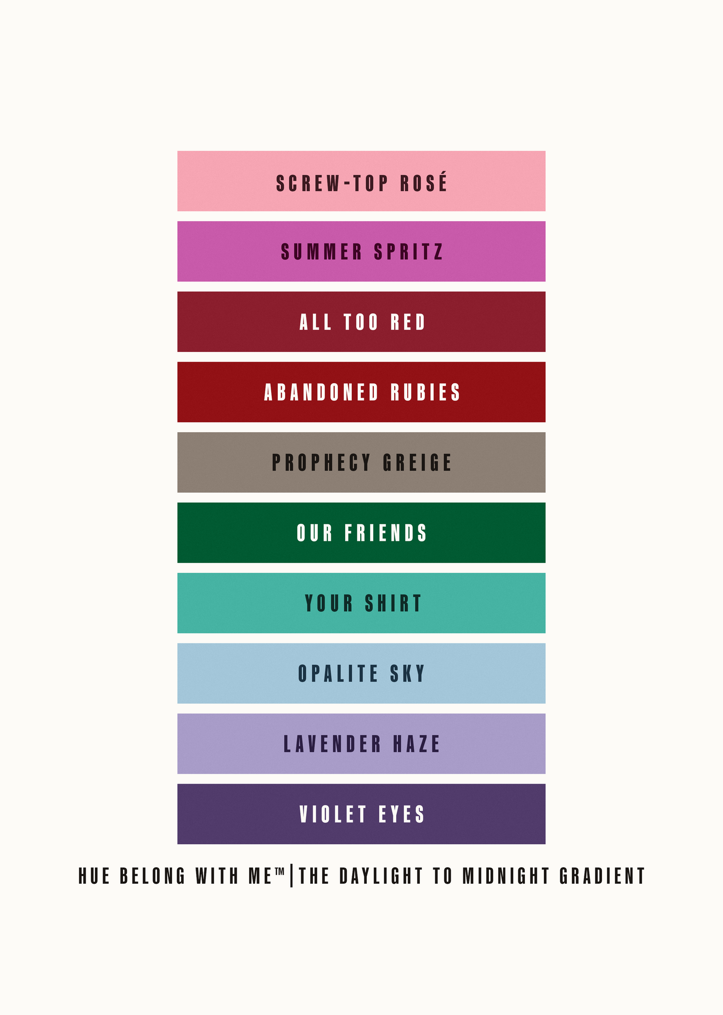 A4 fine art giclée print showing the Daylight to Midnight Gradient — ten Taylor Swift inspired colour shades from Screw Top Rosé to Violet Eyes by Hue Belong With Me