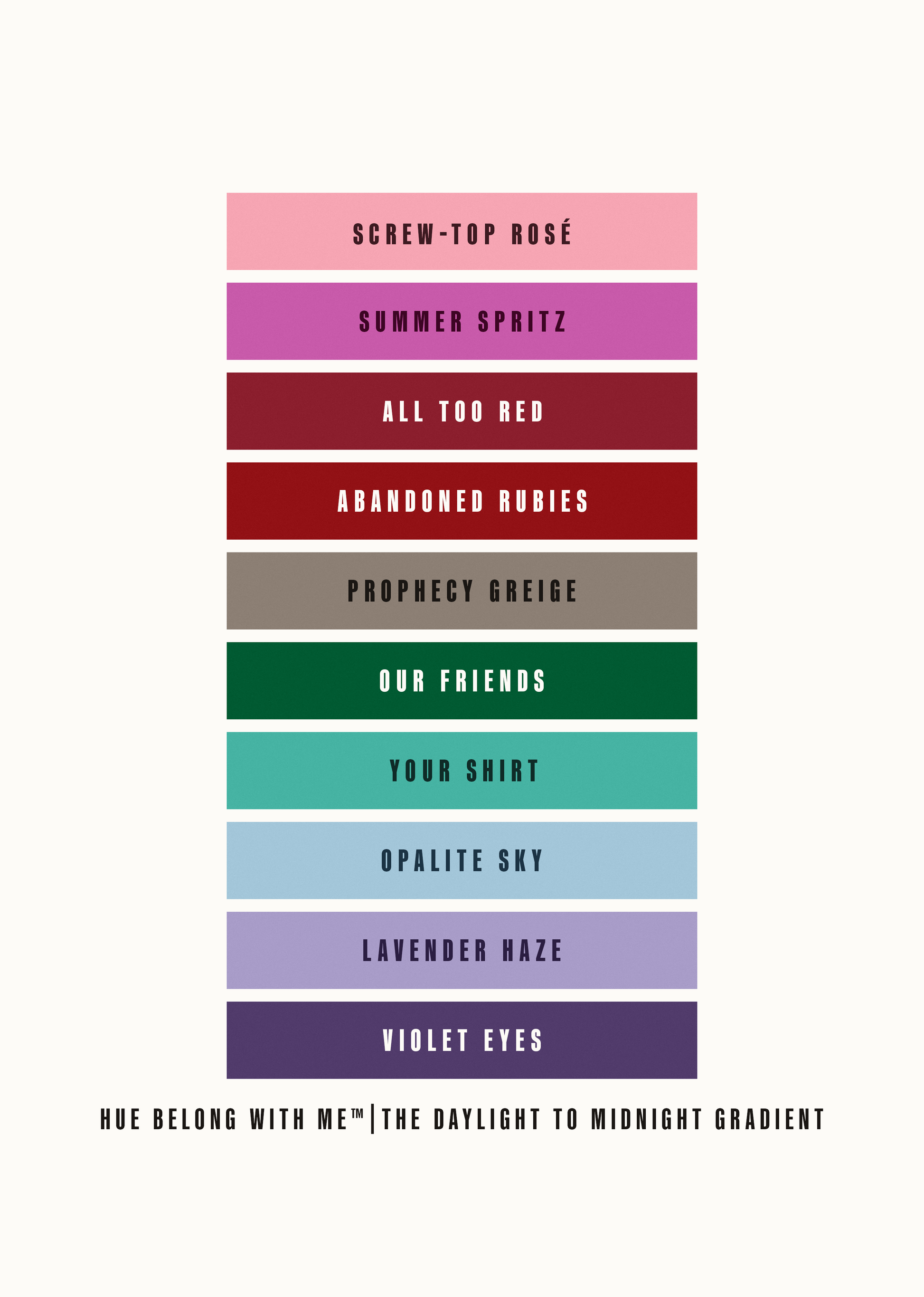 A4 fine art giclée print showing the Daylight to Midnight Gradient — ten Taylor Swift inspired colour shades from Screw Top Rosé to Violet Eyes by Hue Belong With Me