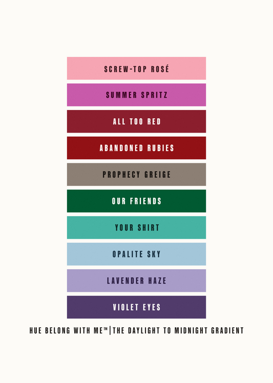 A4 fine art giclée print showing the Daylight to Midnight Gradient — ten Taylor Swift inspired colour shades from Screw Top Rosé to Violet Eyes by Hue Belong With Me