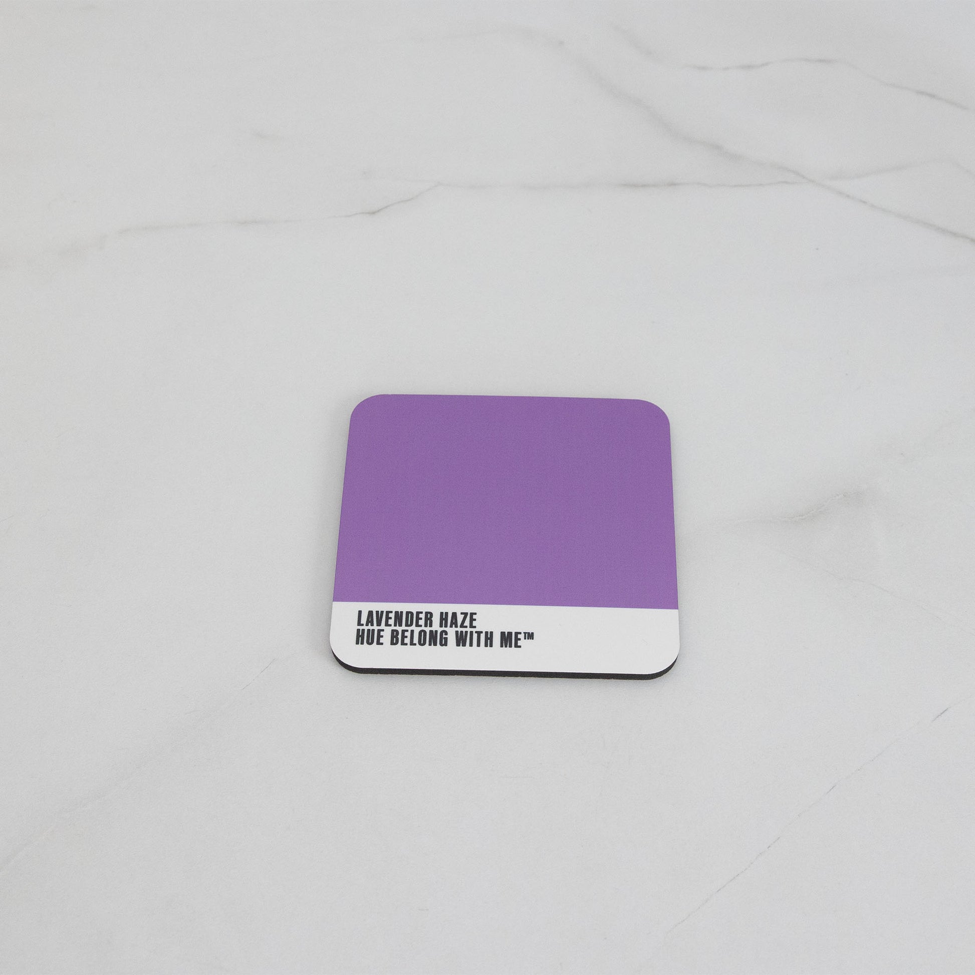 Dreamy twilight purple cork-back coaster, flat lay mockup — Lavender Haze by Hue Belong With Me