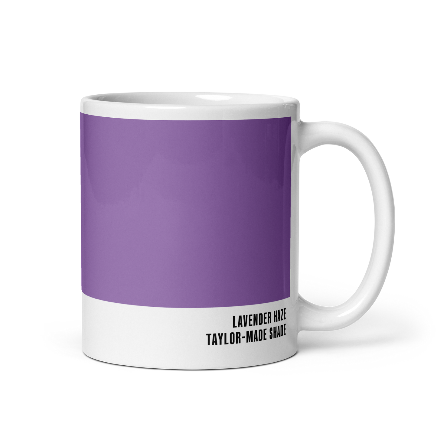 Dreamy twilight purple ceramic mug, handle right, showing Lavender Haze label — Lavender Haze by Hue Belong With Me