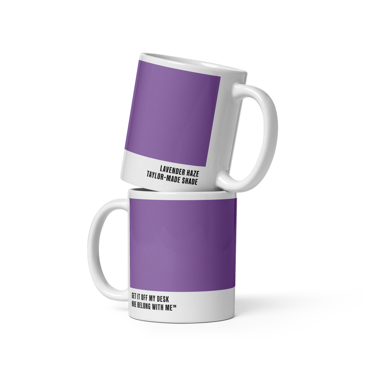 Dreamy twilight purple ceramic mug in stacked two-mug mockup showing both labels — Lavender Haze by Hue Belong With Me