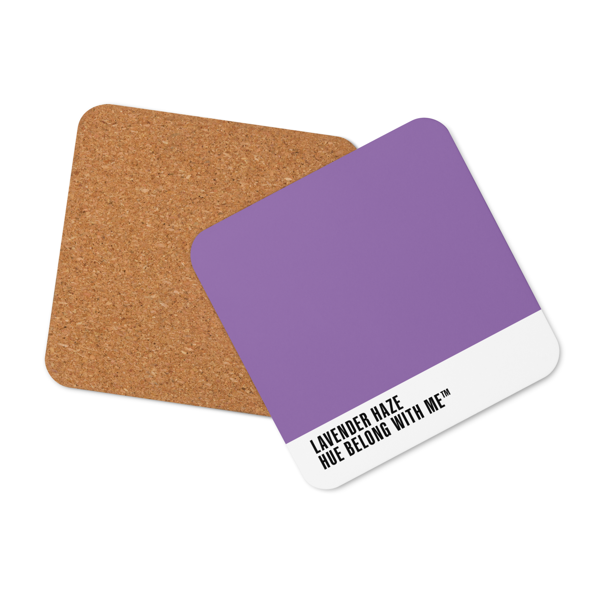 Dreamy twilight purple cork-back coaster, front and back mockup view — Lavender Haze by Hue Belong With Me