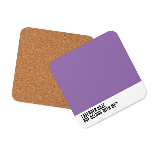 Dreamy twilight purple cork-back coaster, front and back mockup view — Lavender Haze by Hue Belong With Me
