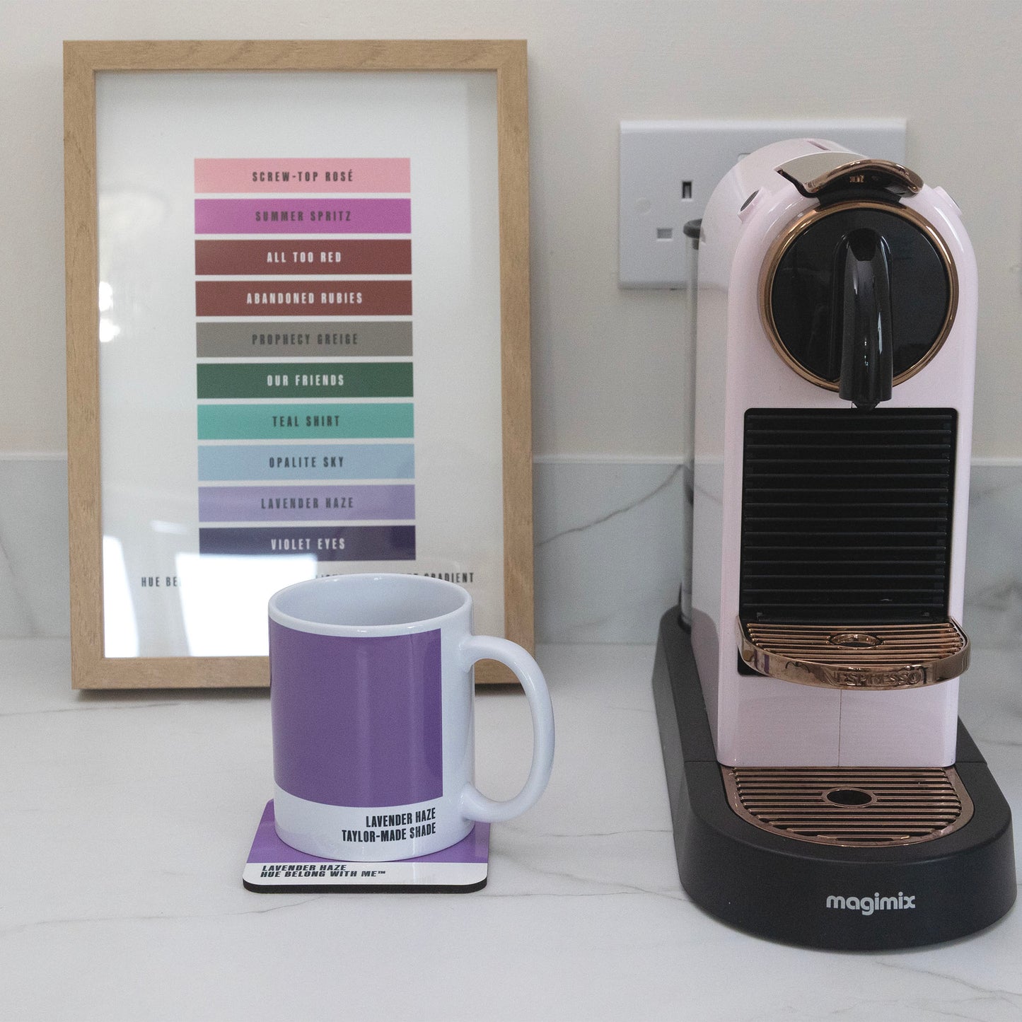 Lavender Haze mug and coaster styled with Nespresso machine and Daylight to Midnight Gradient art print — Hue Belong With Me