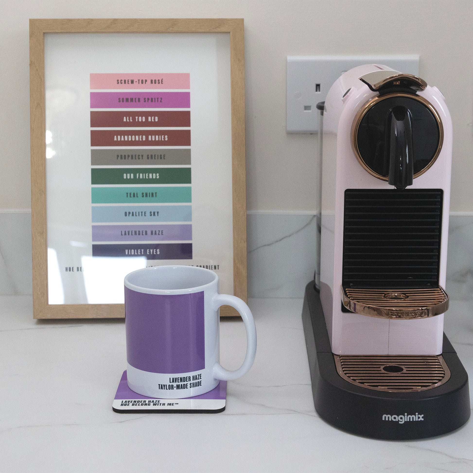 Lavender Haze mug and coaster styled with Nespresso machine and Daylight to Midnight Gradient art print — Hue Belong With Me