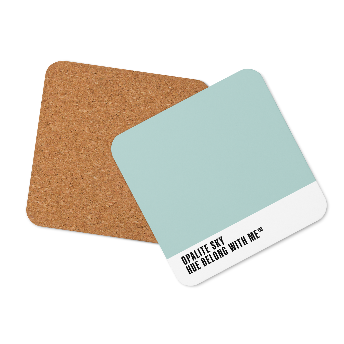 Soft sky-blue cork-back coaster, front and back mockup view — Opalite Sky by Hue Belong With Me