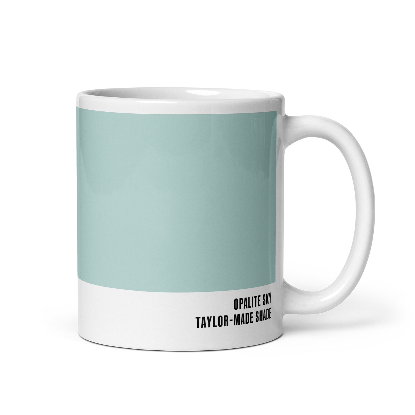 Soft sky-blue ceramic mug, handle right, showing Opalite Sky label — Opalite Sky by Hue Belong With Me
