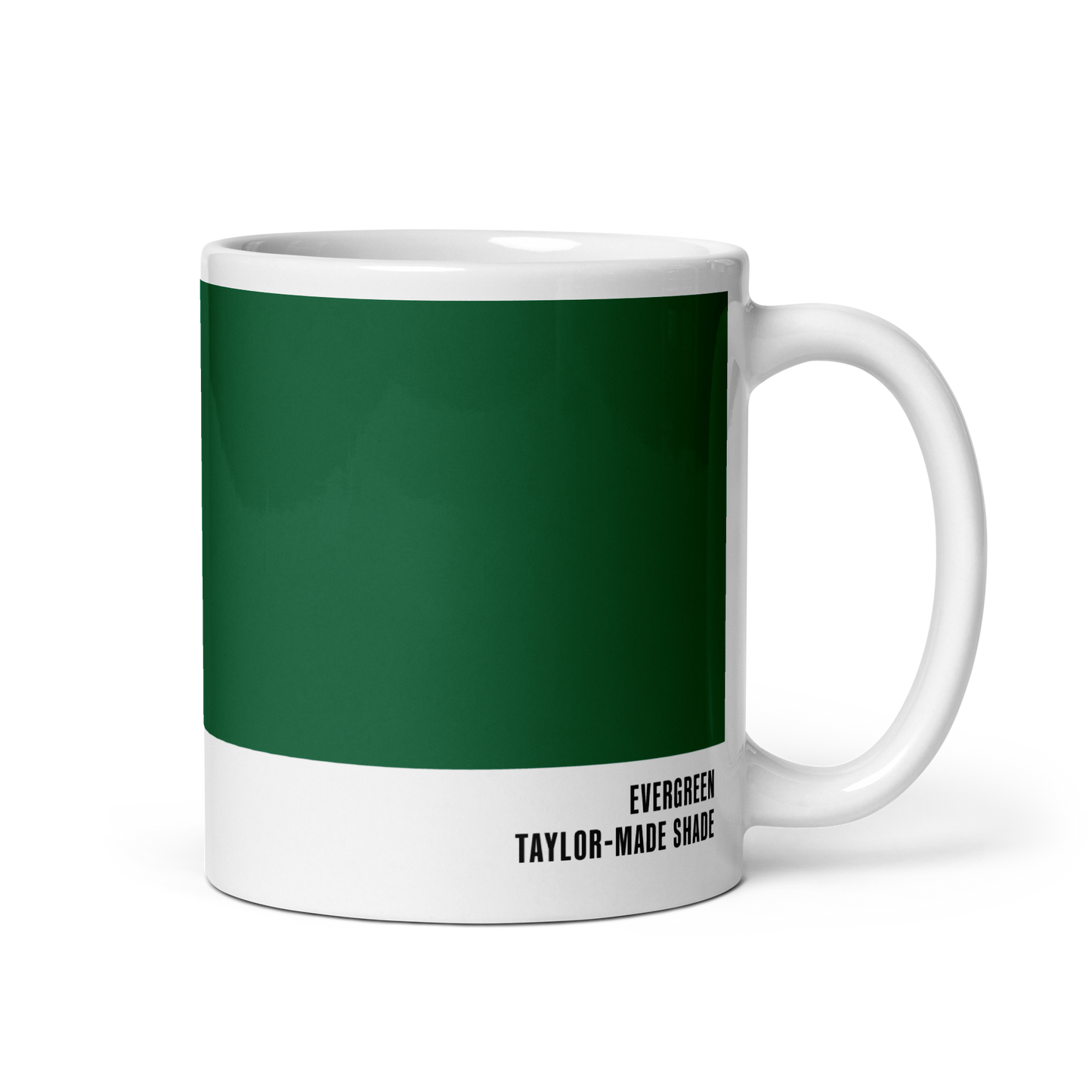 Deep botanical evergreen ceramic mug, handle right, showing Evergreen label — Our Friends by Hue Belong With Me