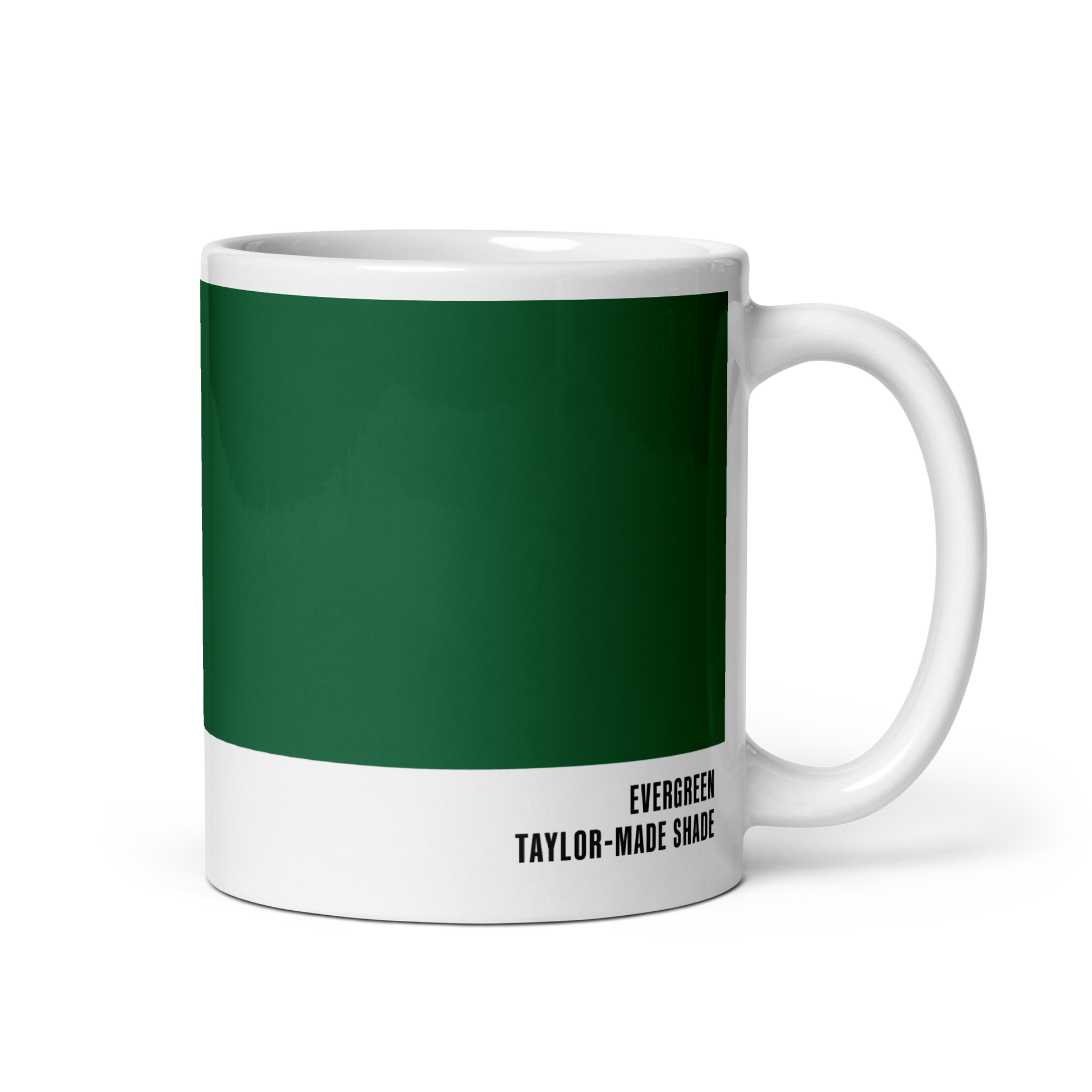 Deep botanical evergreen ceramic mug, handle right, showing Evergreen label — Our Friends by Hue Belong With Me