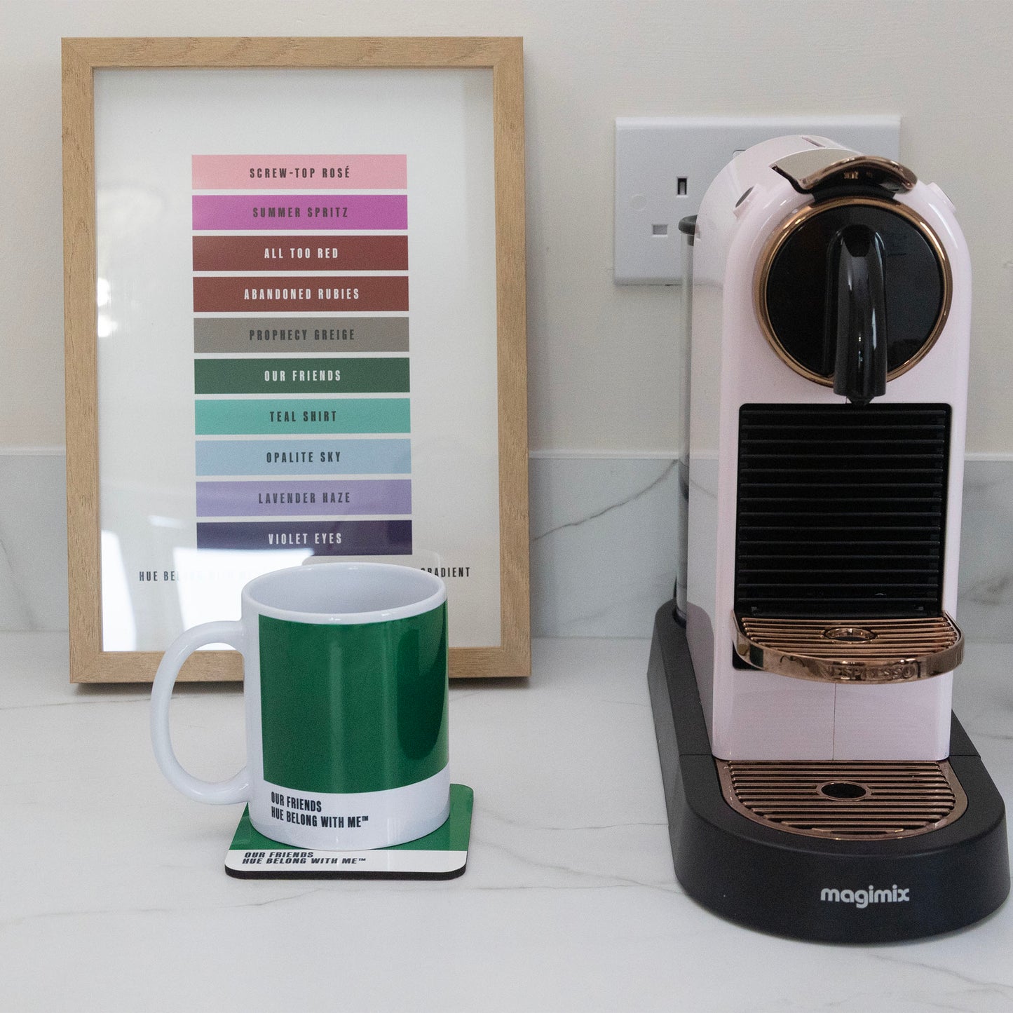 Our Friends mug and coaster styled with Nespresso machine and Daylight to Midnight Gradient art print — Hue Belong With Me