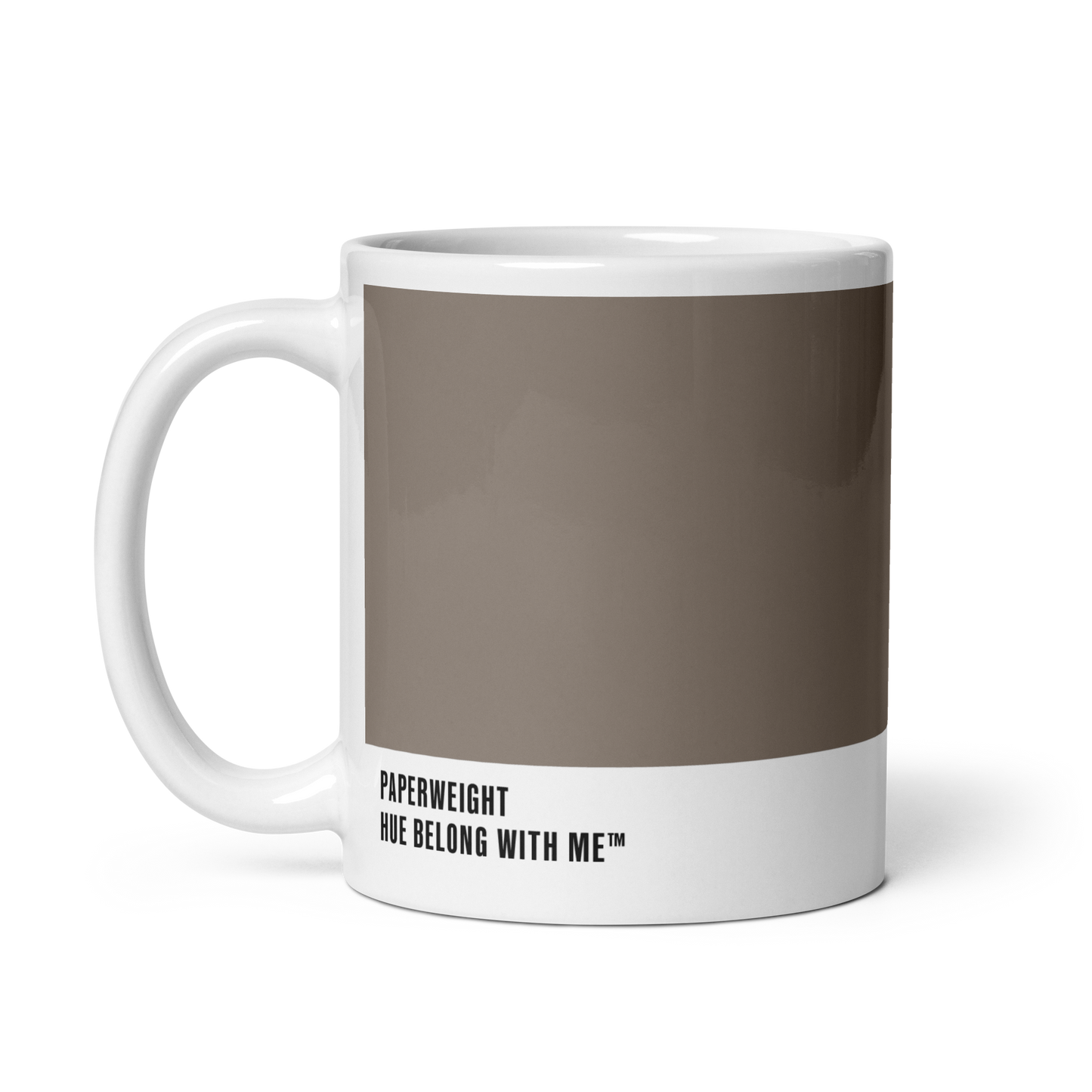 Gallery-calm greige ceramic mug, handle left, showing Paperweight label — Prophecy Greige by Hue Belong With Me