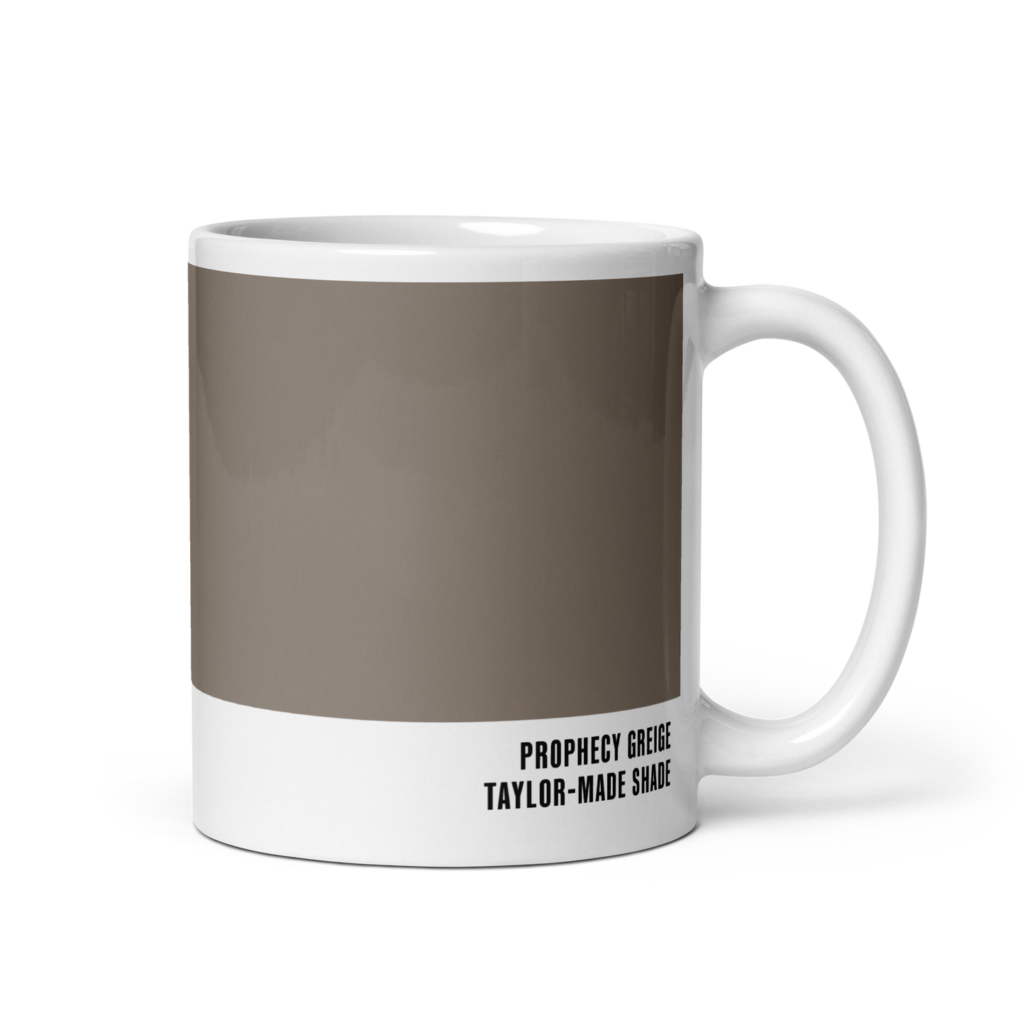 Gallery-calm greige ceramic mug, handle right, showing Prophecy Greige label — Prophecy Greige by Hue Belong With Me