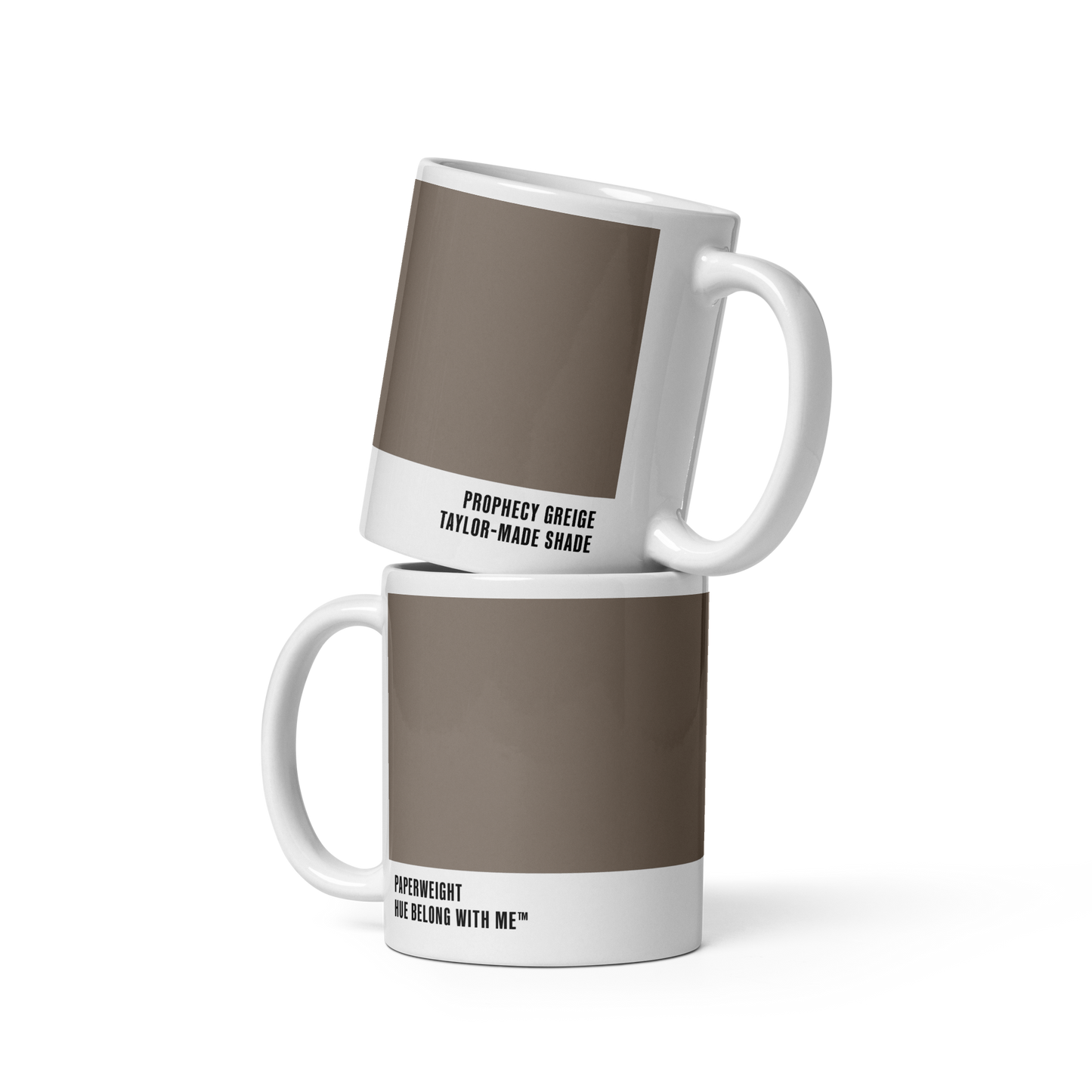 Gallery-calm greige ceramic mug in stacked two-mug mockup showing both labels — Prophecy Greige by Hue Belong With Me