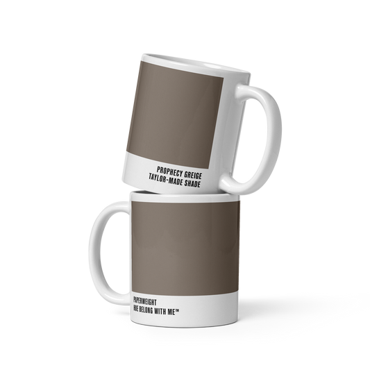 Gallery-calm greige ceramic mug in stacked two-mug mockup showing both labels — Prophecy Greige by Hue Belong With Me