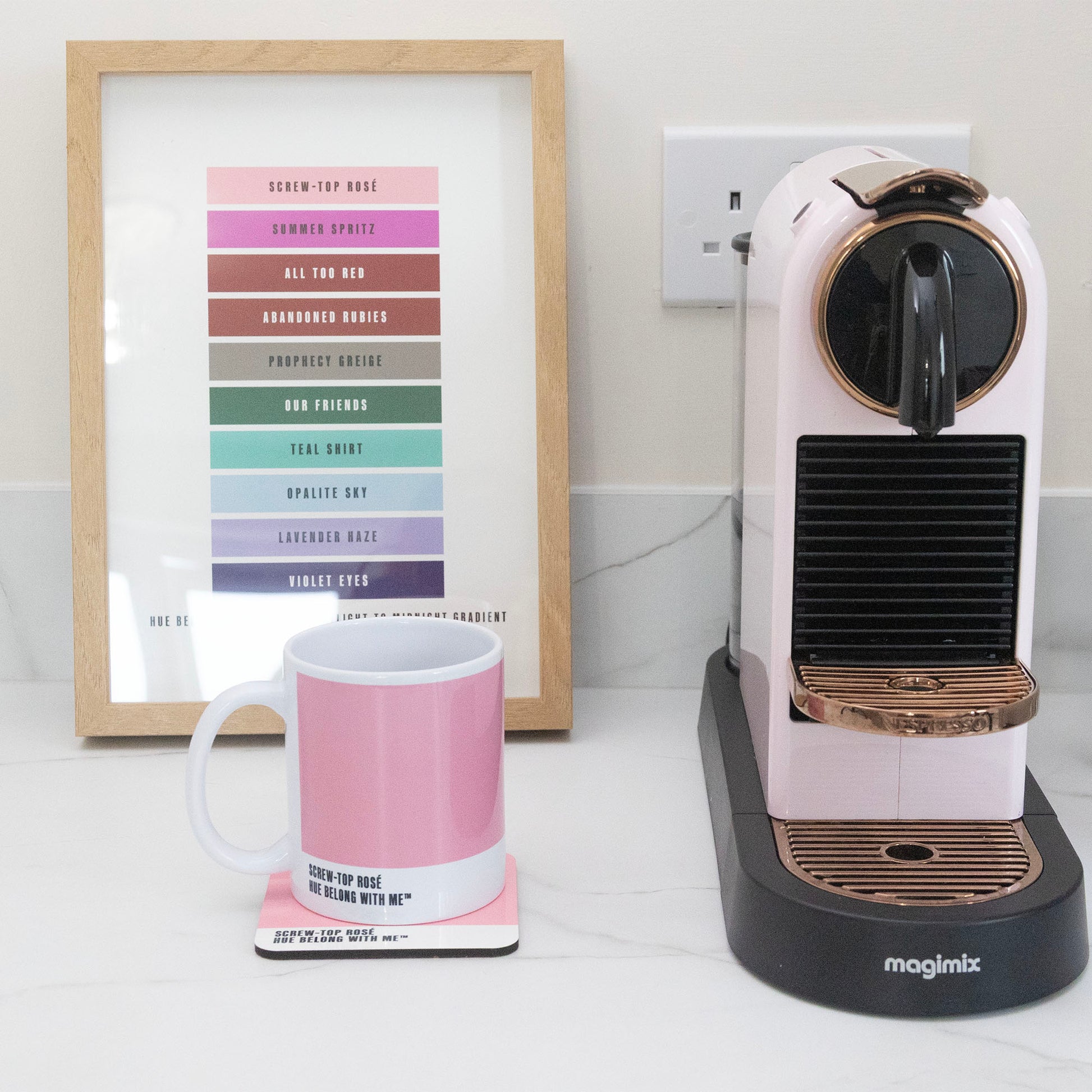 Screw Top Rosé mug and coaster styled with Nespresso machine and Daylight to Midnight Gradient art print — Hue Belong With Me