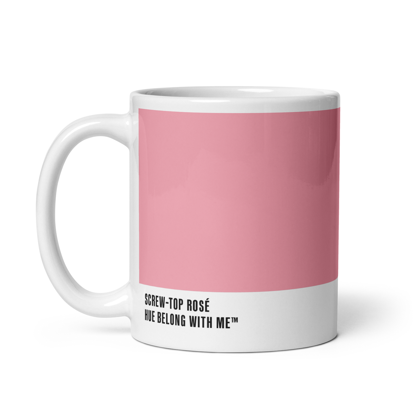 Warm nostalgic pink ceramic mug, handle left, showing Screw-Top Rosé label — Screw Top Rosé by Hue Belong With Me