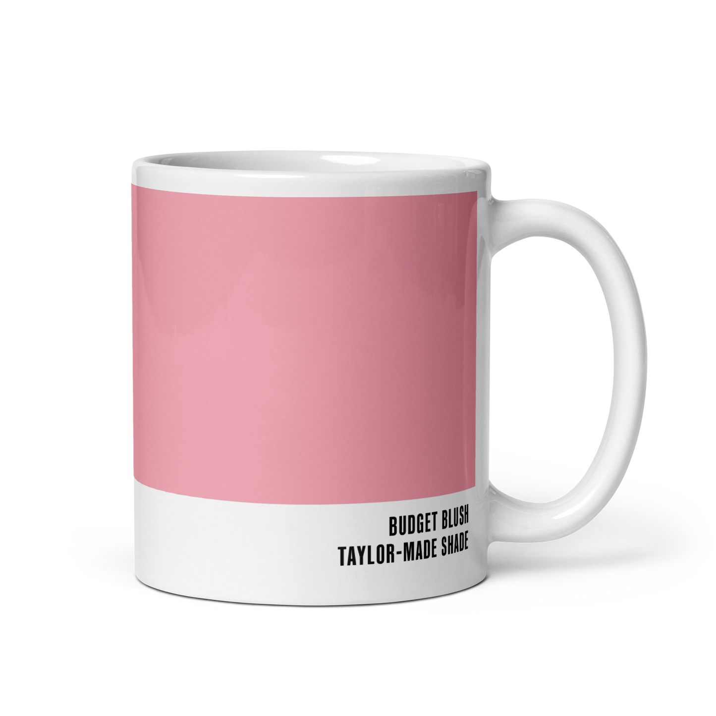 Warm nostalgic pink ceramic mug, handle right, showing Budget Blush label — Screw Top Rosé by Hue Belong With Me