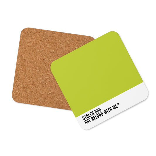 Vibrant Key Lime green cork-back coaster, front and back mockup view — Stolen Dog by Hue Belong With Me