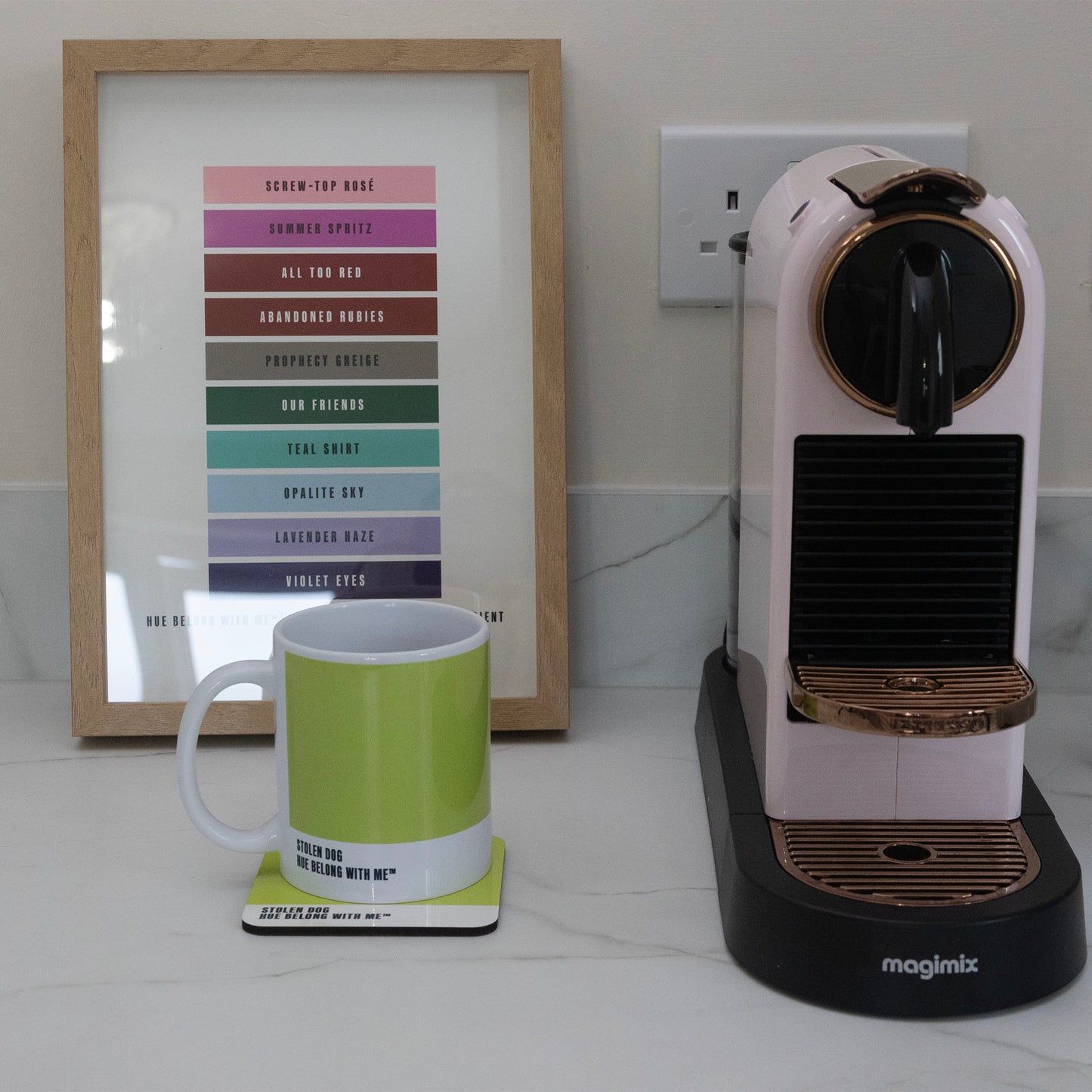 Stolen Dog mug and coaster styled with Nespresso machine and Daylight to Midnight Gradient art print — Hue Belong With Me
