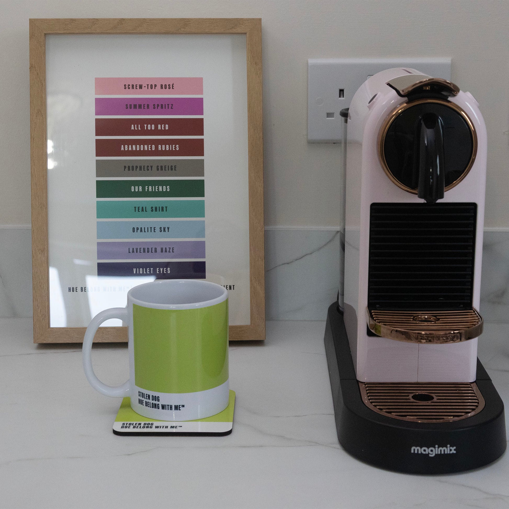 Stolen Dog mug and coaster styled with Nespresso machine and Daylight to Midnight Gradient art print — Hue Belong With Me