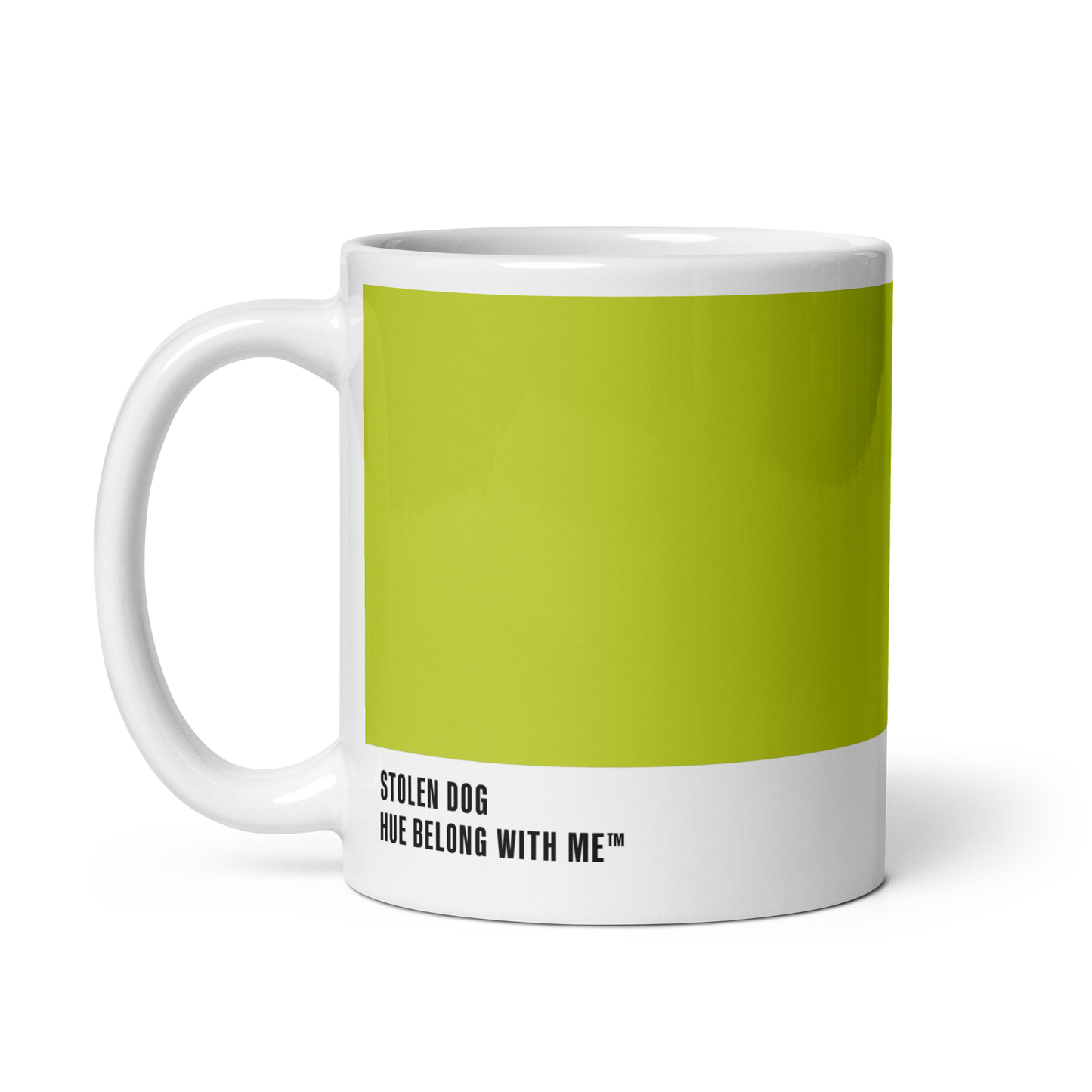 Vibrant Key Lime green ceramic mug, handle left, showing Stolen Dog label — Stolen Dog by Hue Belong With Me