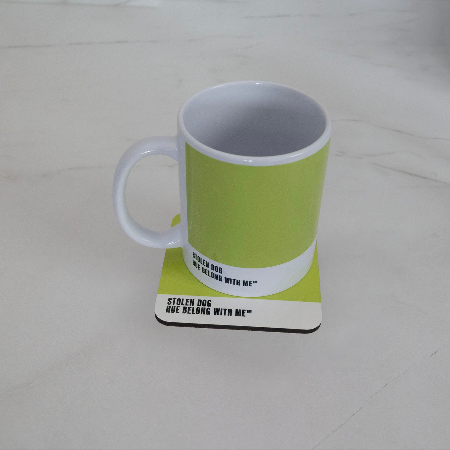 Stolen Dog mug and coaster matched pair on marble counter — Hue Belong With Me