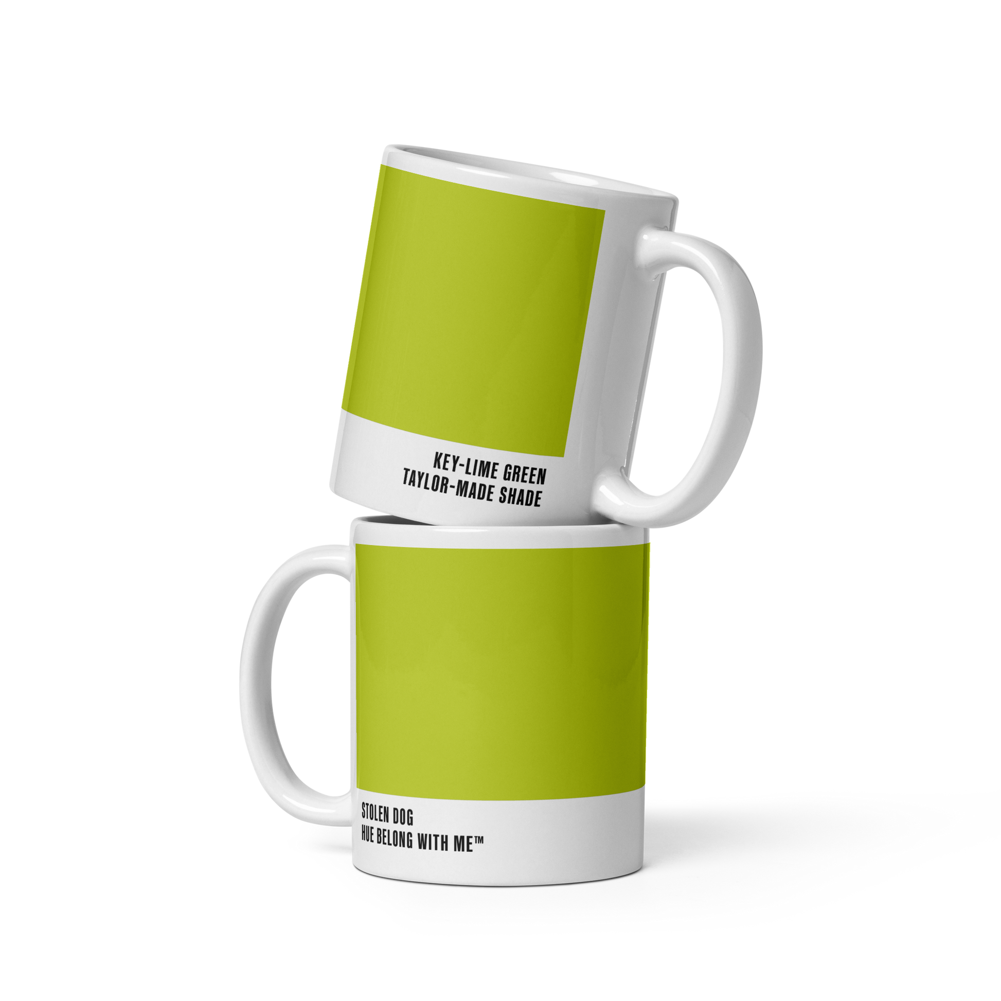 Vibrant Key Lime green ceramic mug in stacked two-mug mockup showing both labels — Stolen Dog by Hue Belong With Me