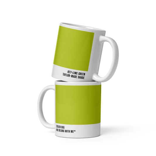 Vibrant Key Lime green ceramic mug in stacked two-mug mockup showing both labels — Stolen Dog by Hue Belong With Me