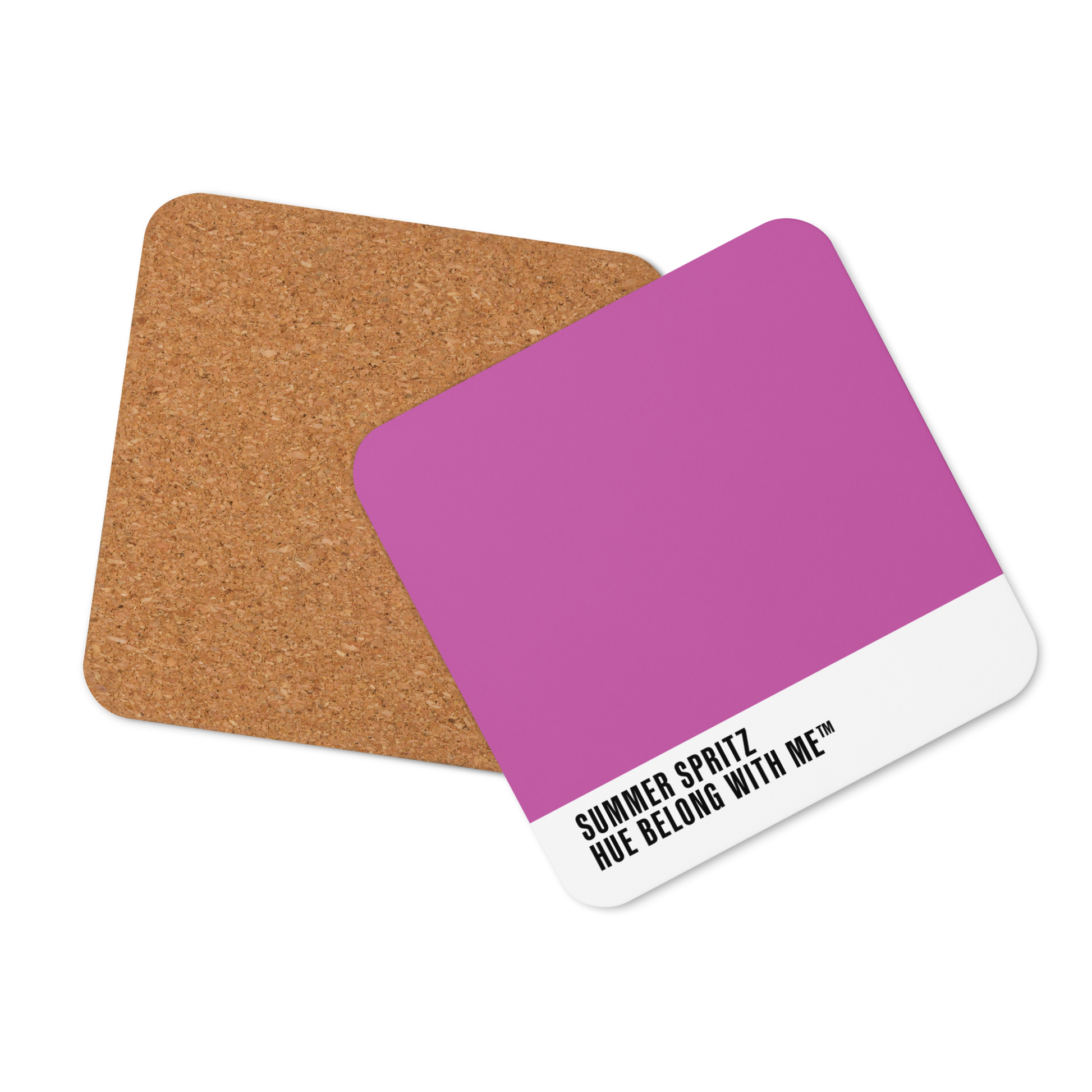Vibrant magenta cork-back coaster, front and back mockup view — Summer Spritz by Hue Belong With Me