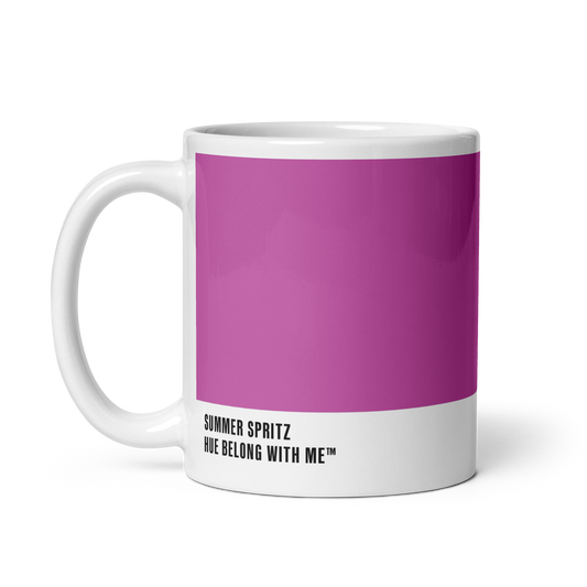 Vibrant magenta ceramic mug, handle left, showing Summer Spritz label — Summer Spritz by Hue Belong With Me