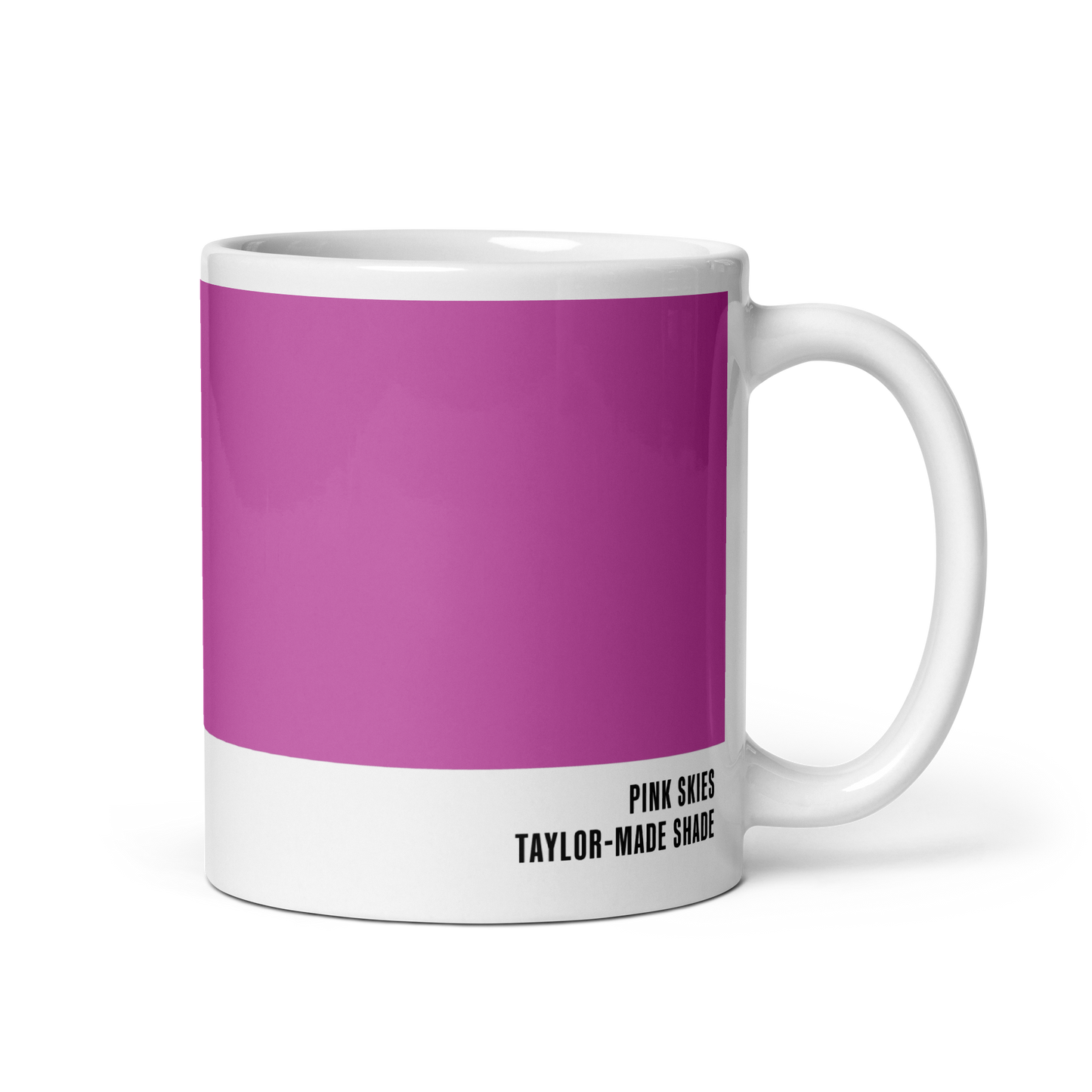 Vibrant magenta ceramic mug, handle right, showing Pink Skies label — Summer Spritz by Hue Belong With Me