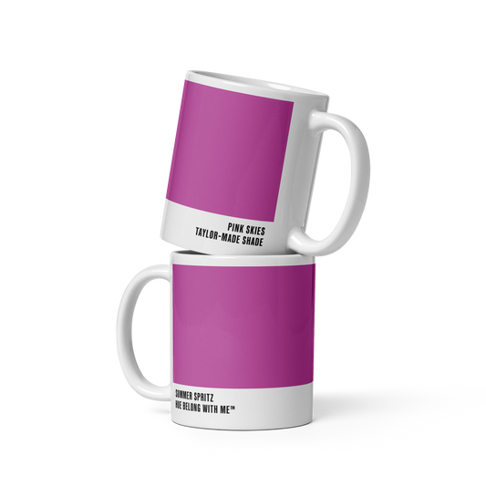 Vibrant magenta ceramic mug in stacked two-mug mockup showing both labels — Summer Spritz by Hue Belong With Me