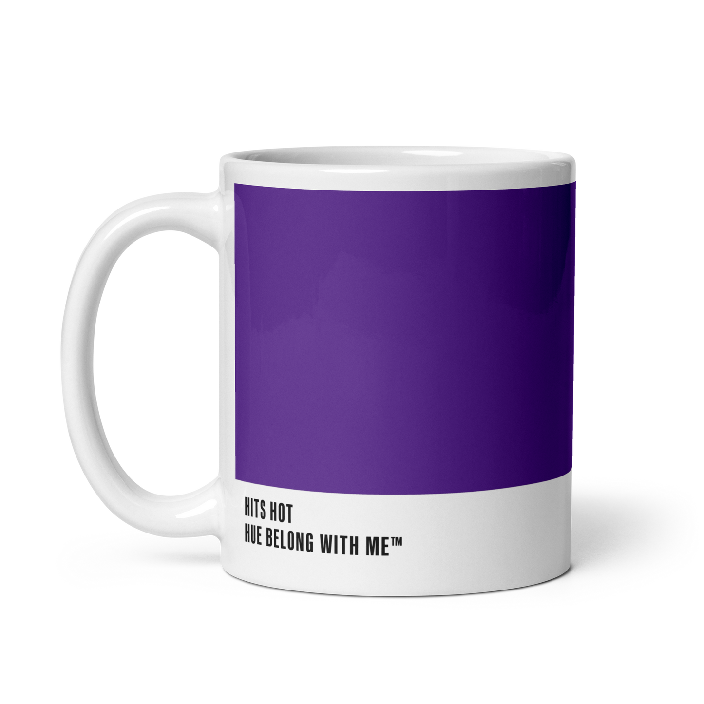 Deep commanding purple ceramic mug, handle left, showing Hits Hot label — Violet Eyes by Hue Belong With Me