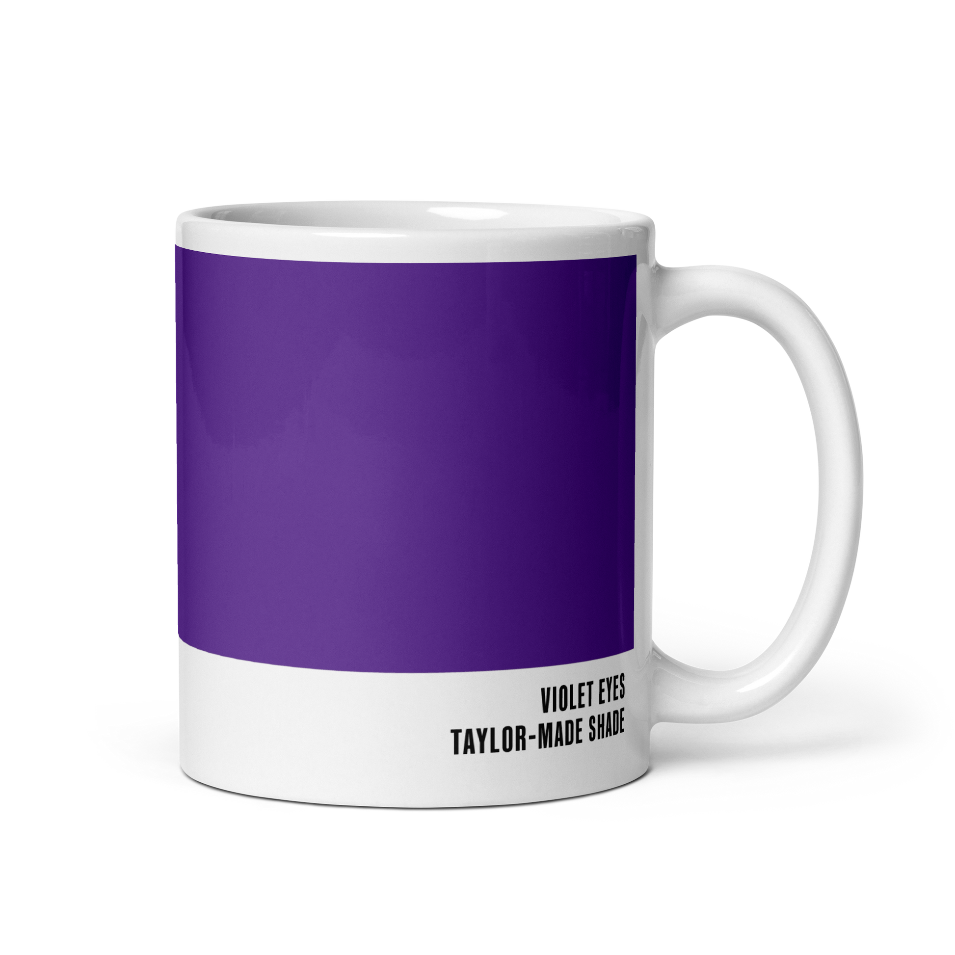 Deep commanding purple ceramic mug, handle right, showing Violet Eyes label — Violet Eyes by Hue Belong With Me