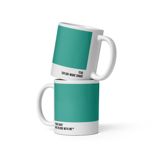 Crisp high-contrast teal ceramic mug in stacked two-mug mockup showing both labels — Your Shirt by Hue Belong With Me
