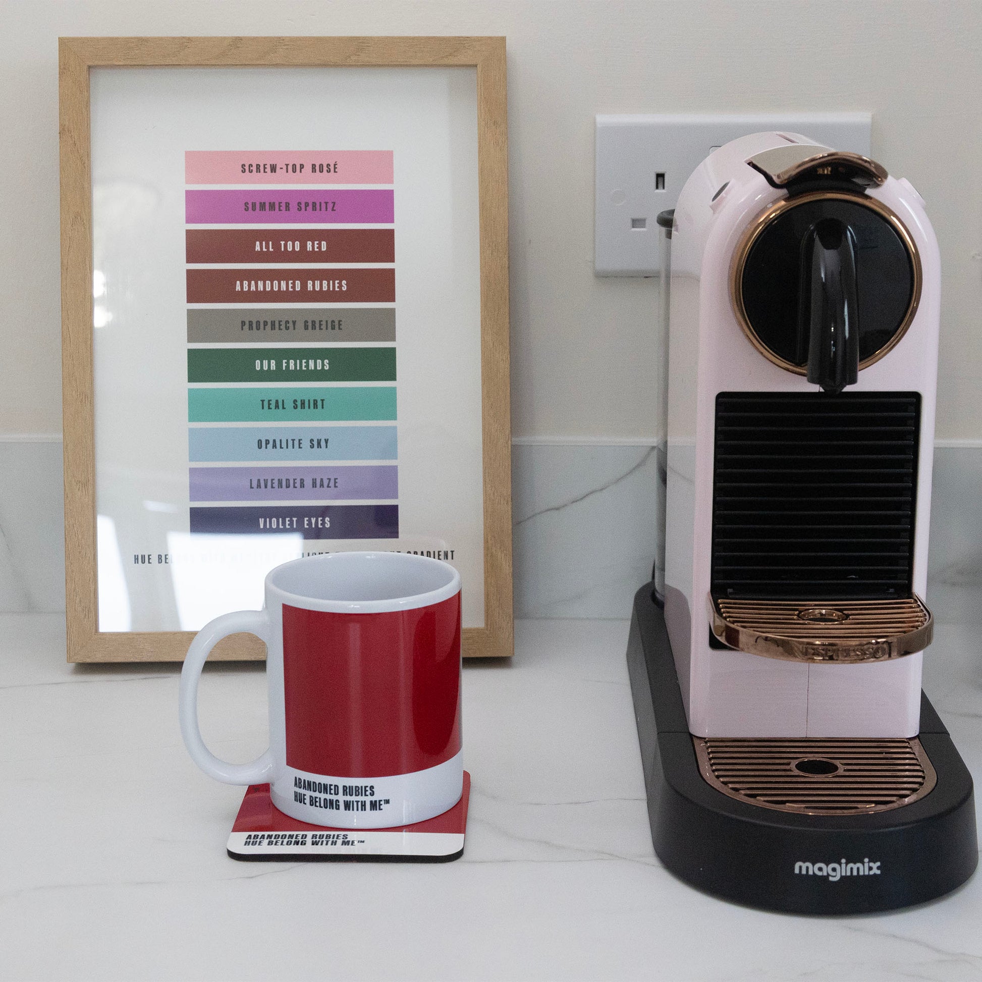 Abandoned Rubies mug and coaster styled with Nespresso machine and Daylight to Midnight Gradient art print — Hue Belong With Me