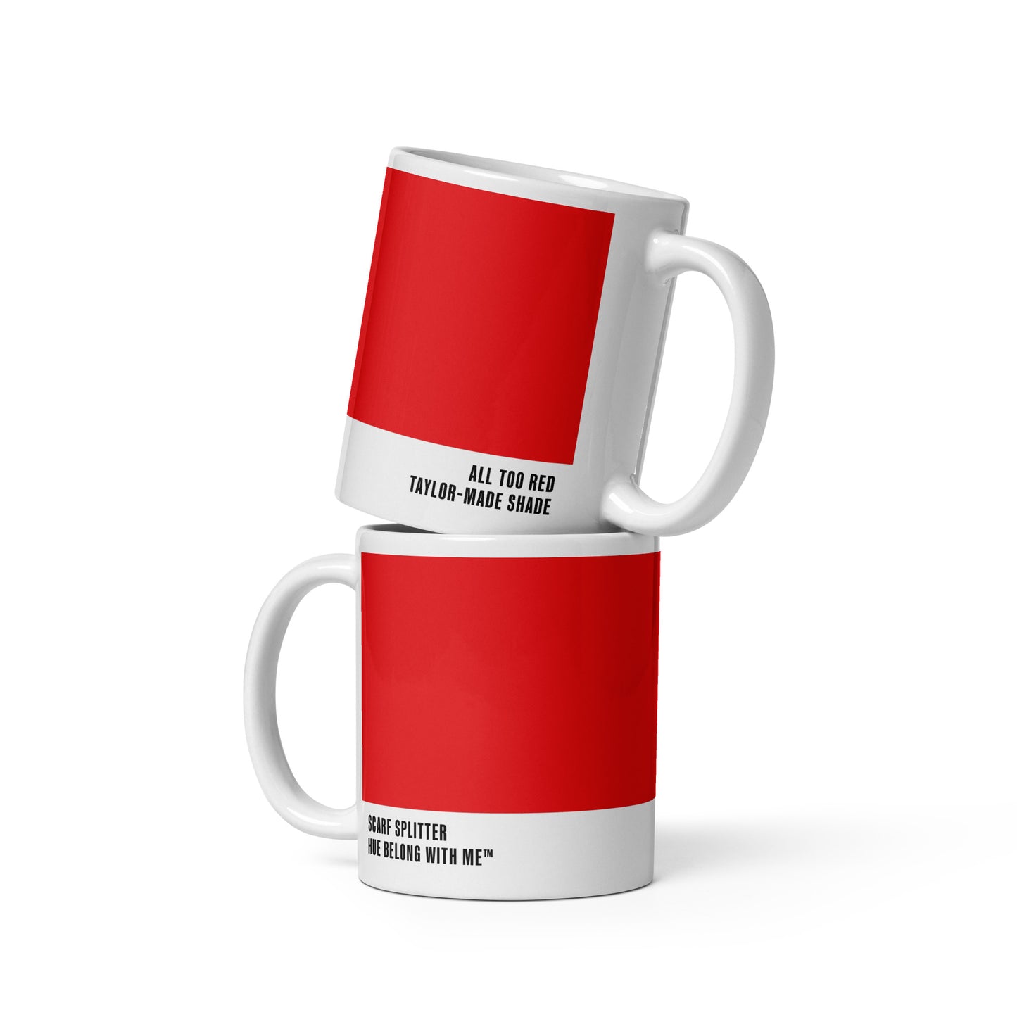 Furious signal red ceramic mug in stacked two-mug mockup showing both labels, All Too Red by Hue Belong With Me